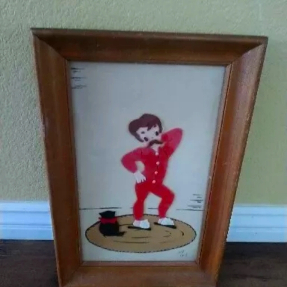 Vintage Felt Arm Man by "Irene of California"  Framed 12" x 18" (Signed)